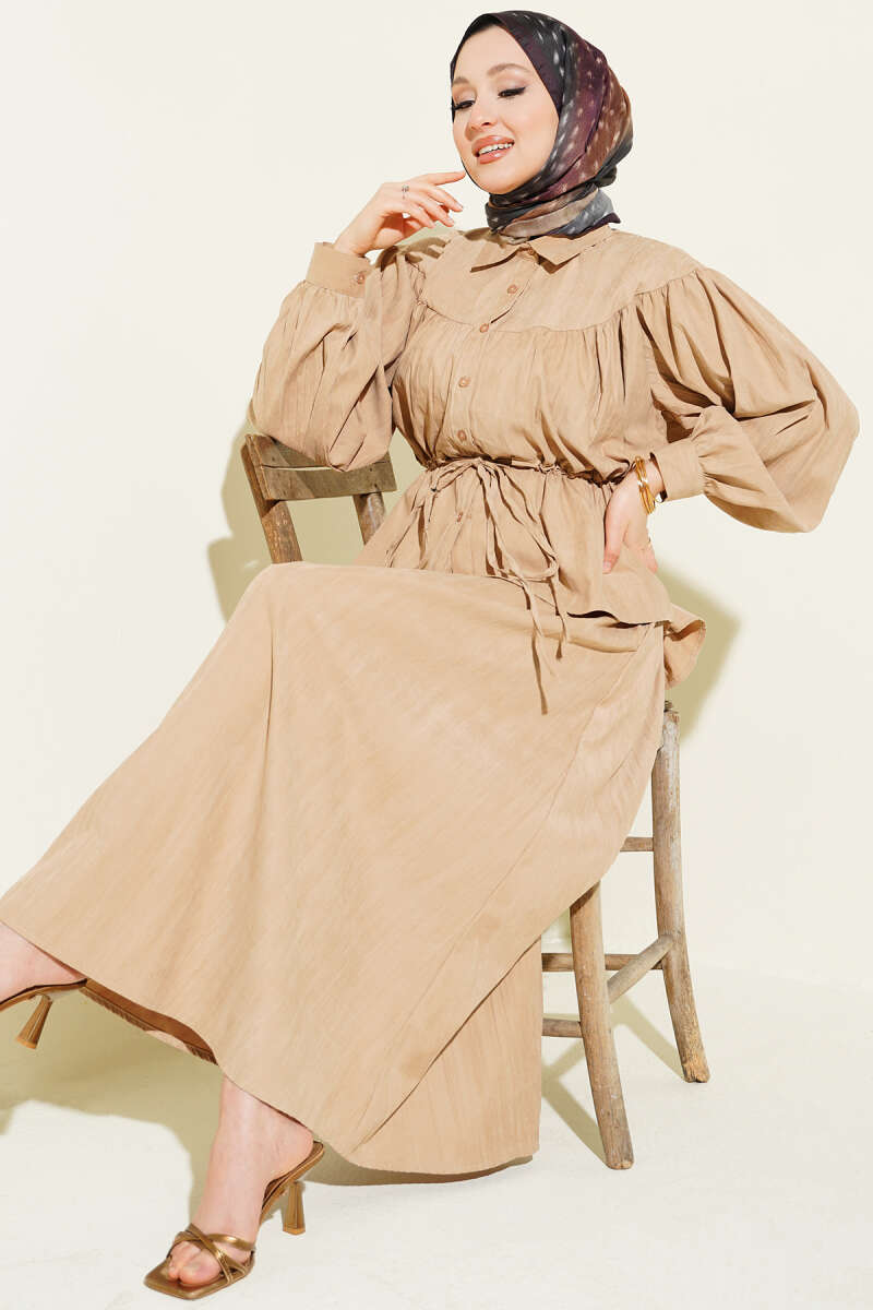 Tencel Skirt Set with Ruched Drawstring Waist - Beige