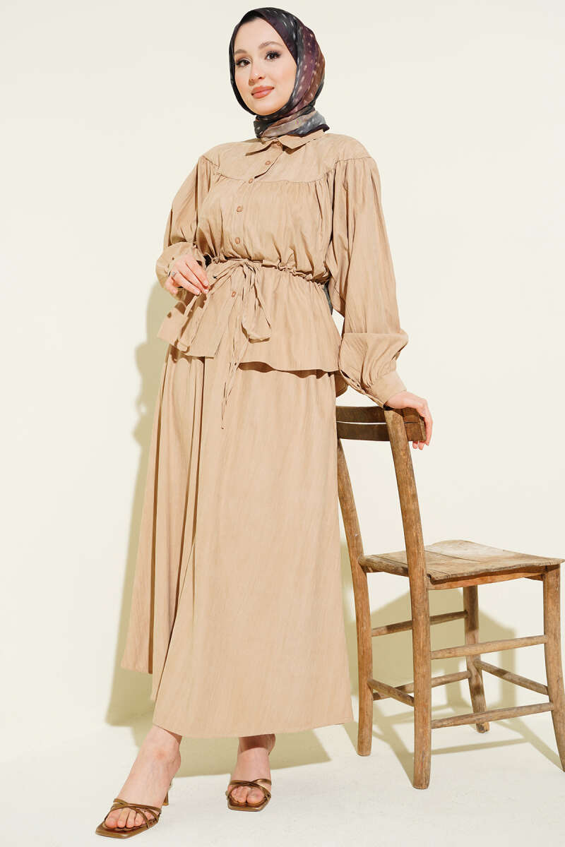 Tencel Skirt Set with Ruched Drawstring Waist - Beige