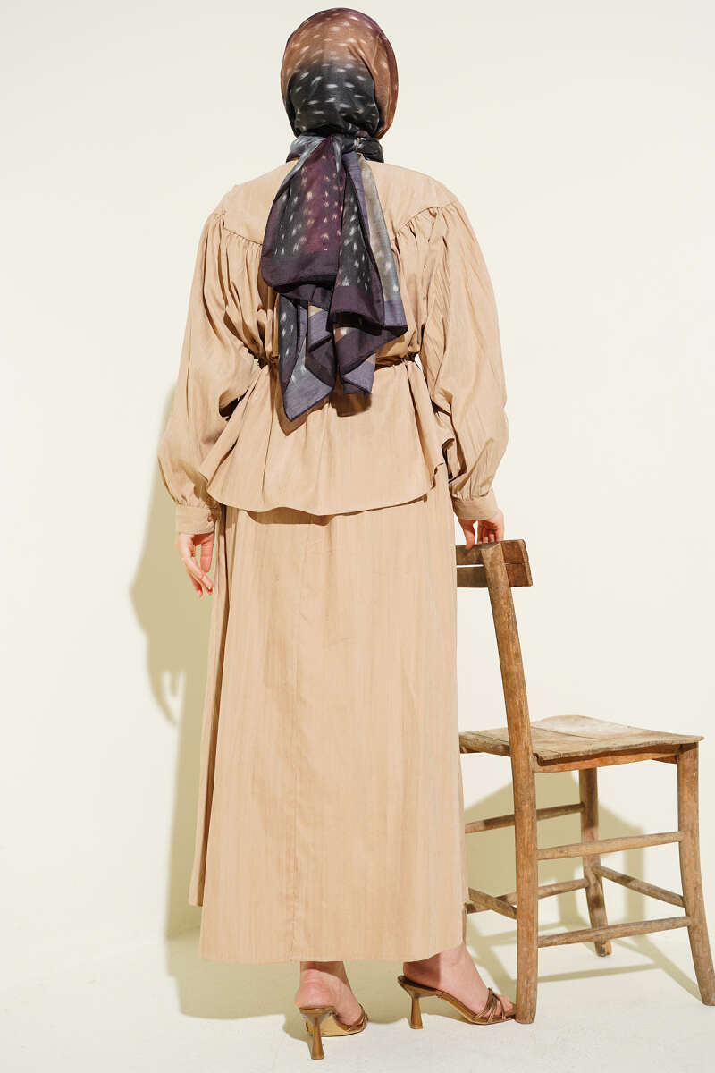 Tencel Skirt Set with Ruched Drawstring Waist - Beige