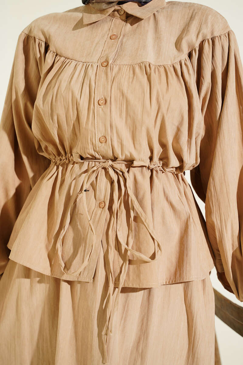 Tencel Skirt Set with Ruched Drawstring Waist - Beige