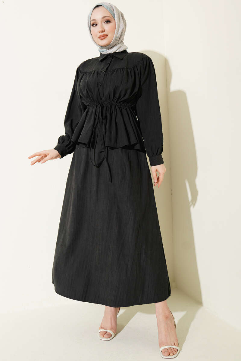 Tencel Skirt Set with Ruched Drawstring Waist - Black