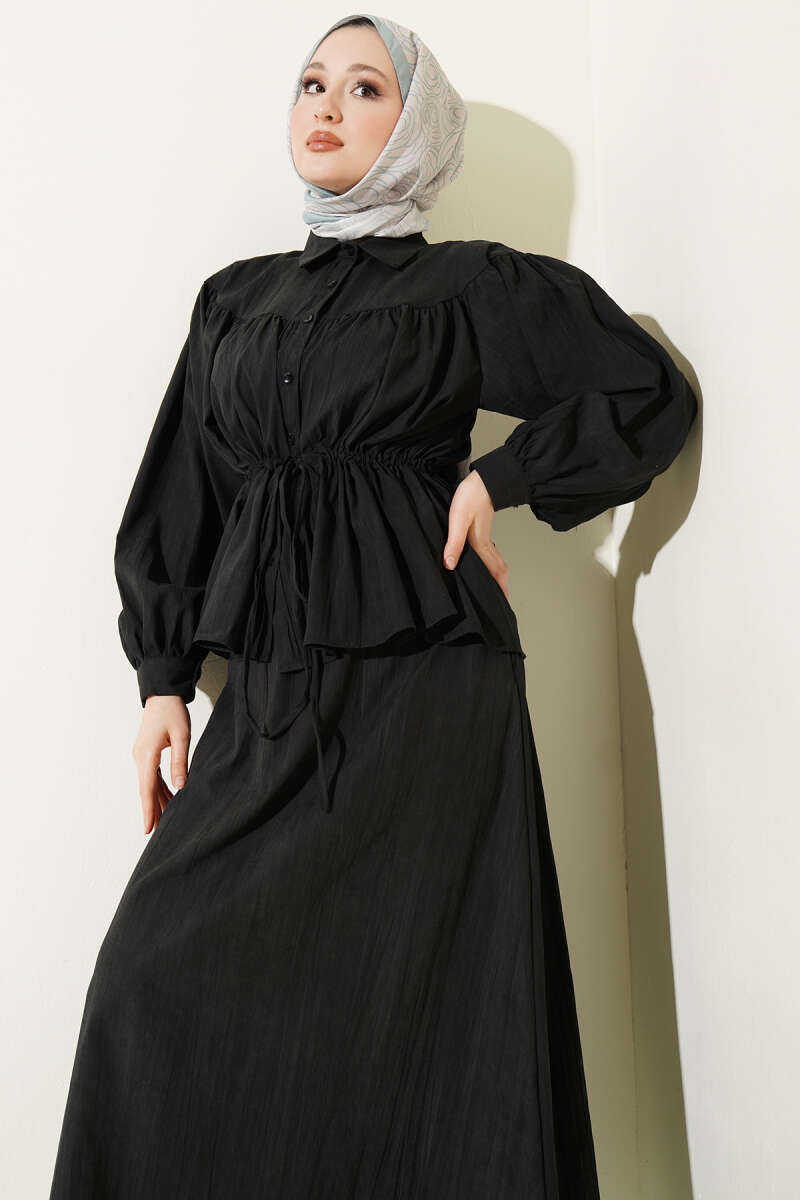 Tencel Skirt Set with Ruched Drawstring Waist - Black