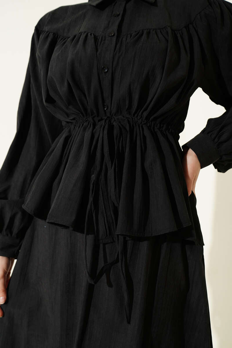 Tencel Skirt Set with Ruched Drawstring Waist - Black