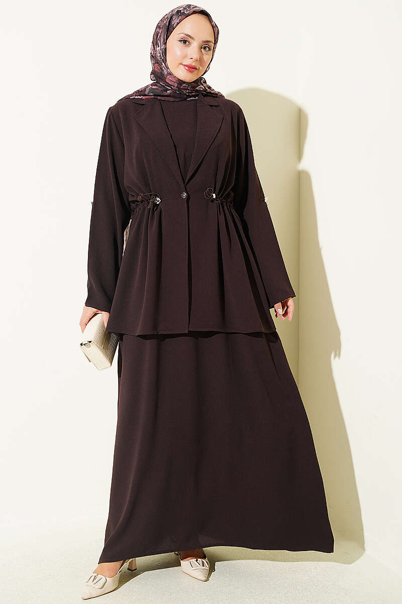 Jacket Set with Drawstring Waist - Dark Brown