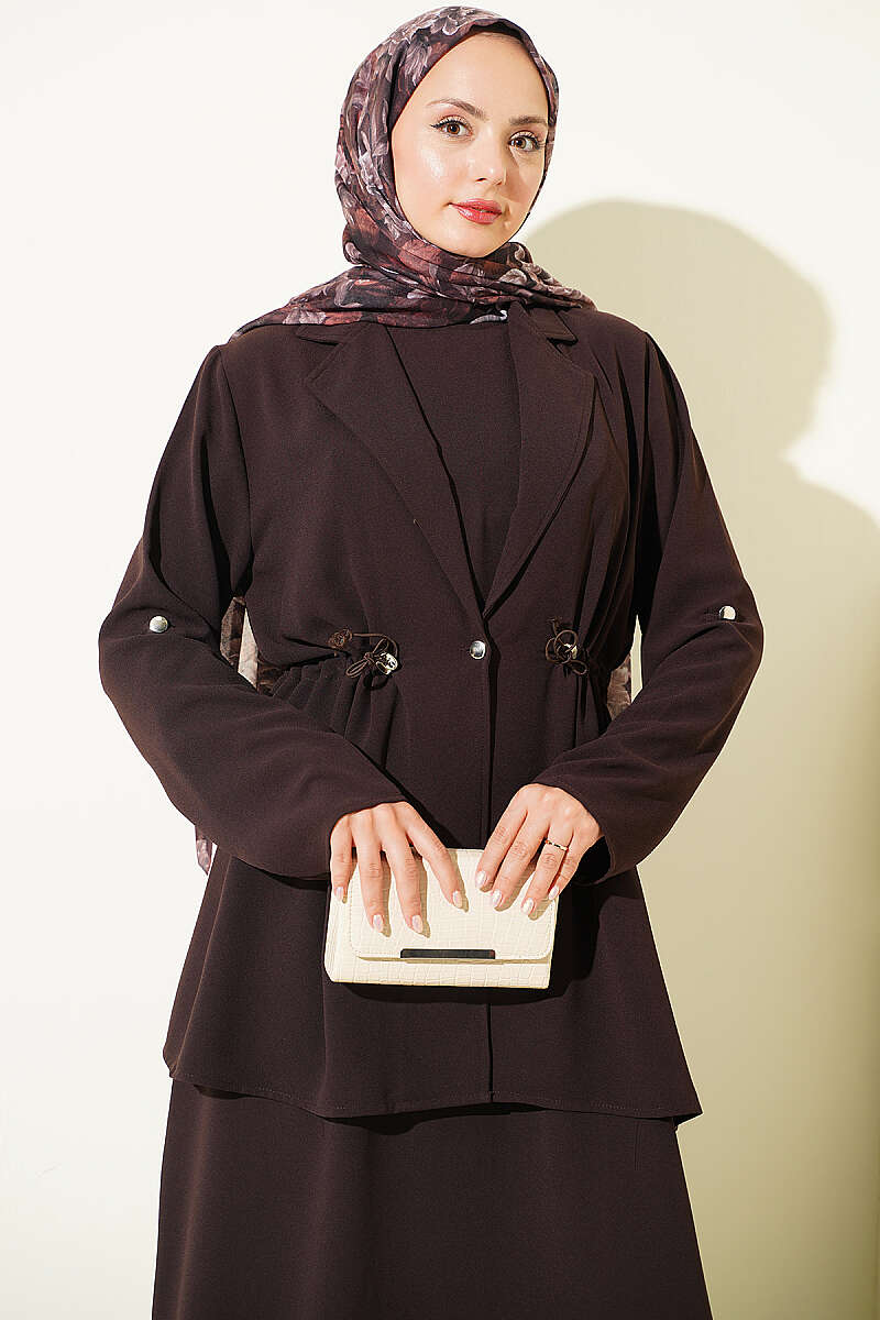 Jacket Set with Drawstring Waist - Dark Brown