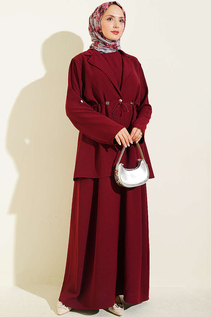 Jacket Set with Drawstring Waist - Burgundy