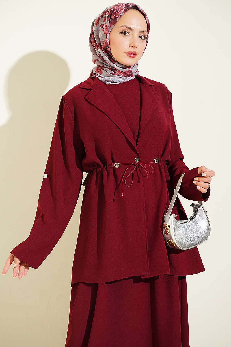 Jacket Set with Drawstring Waist - Burgundy