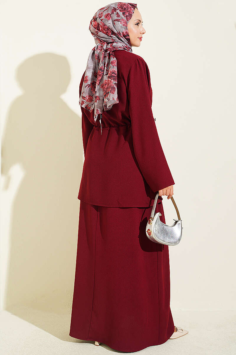 Jacket Set with Drawstring Waist - Burgundy