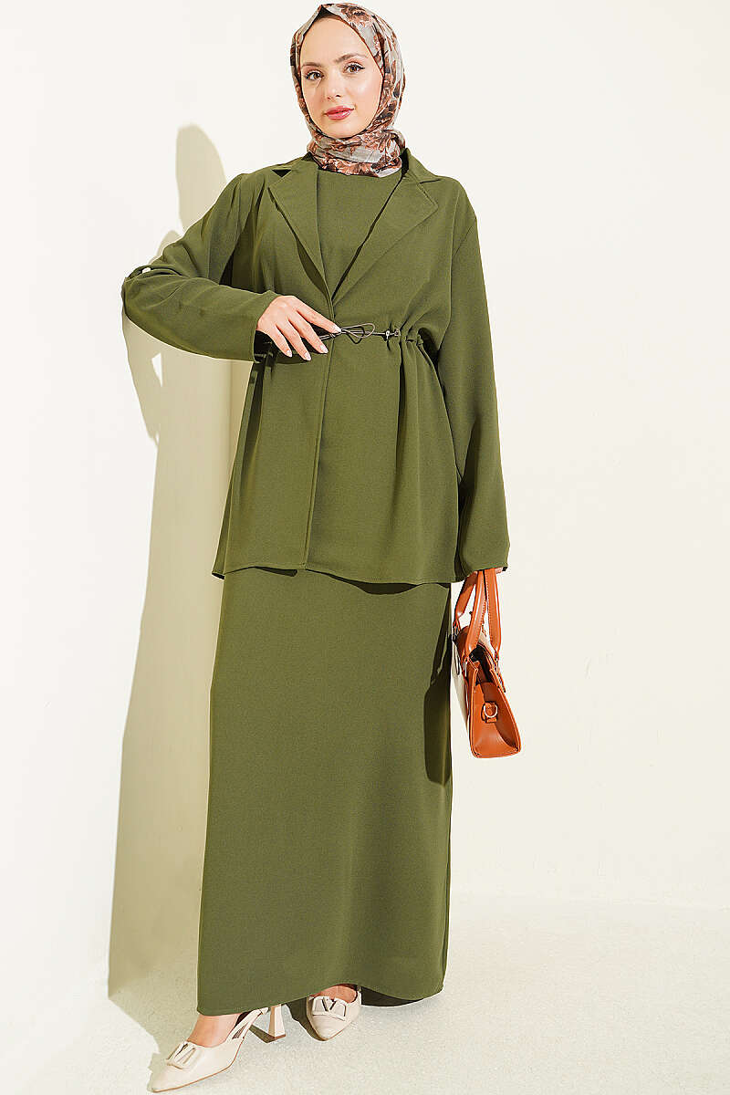 Jacket Set with Drawstring Waist - Khaki