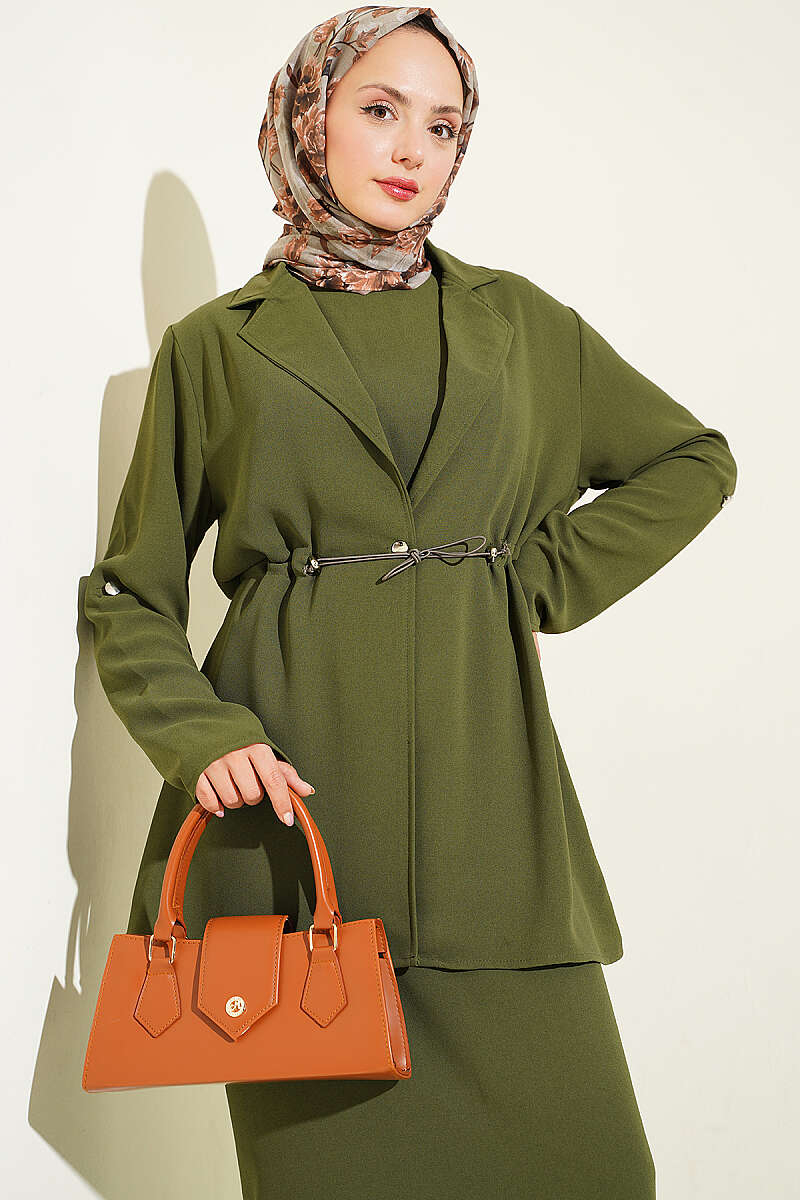 Jacket Set with Drawstring Waist - Khaki