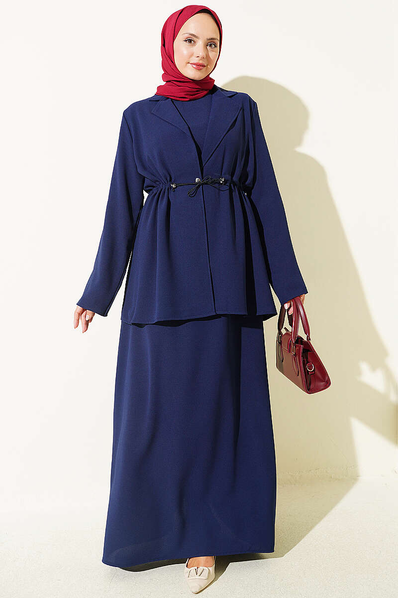 Jacket Set with Drawstring Waist - Navy