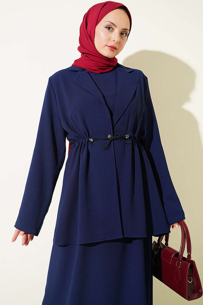 Jacket Set with Drawstring Waist - Navy