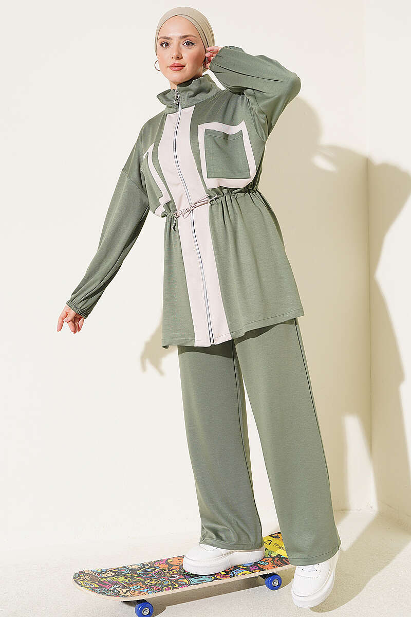 Two-Piece Set with Pocket Trim and Drawstring Waist - Khaki