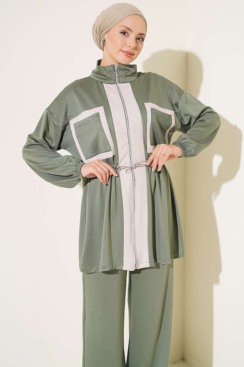 Two-Piece Set with Pocket Trim and Drawstring Waist - Khaki