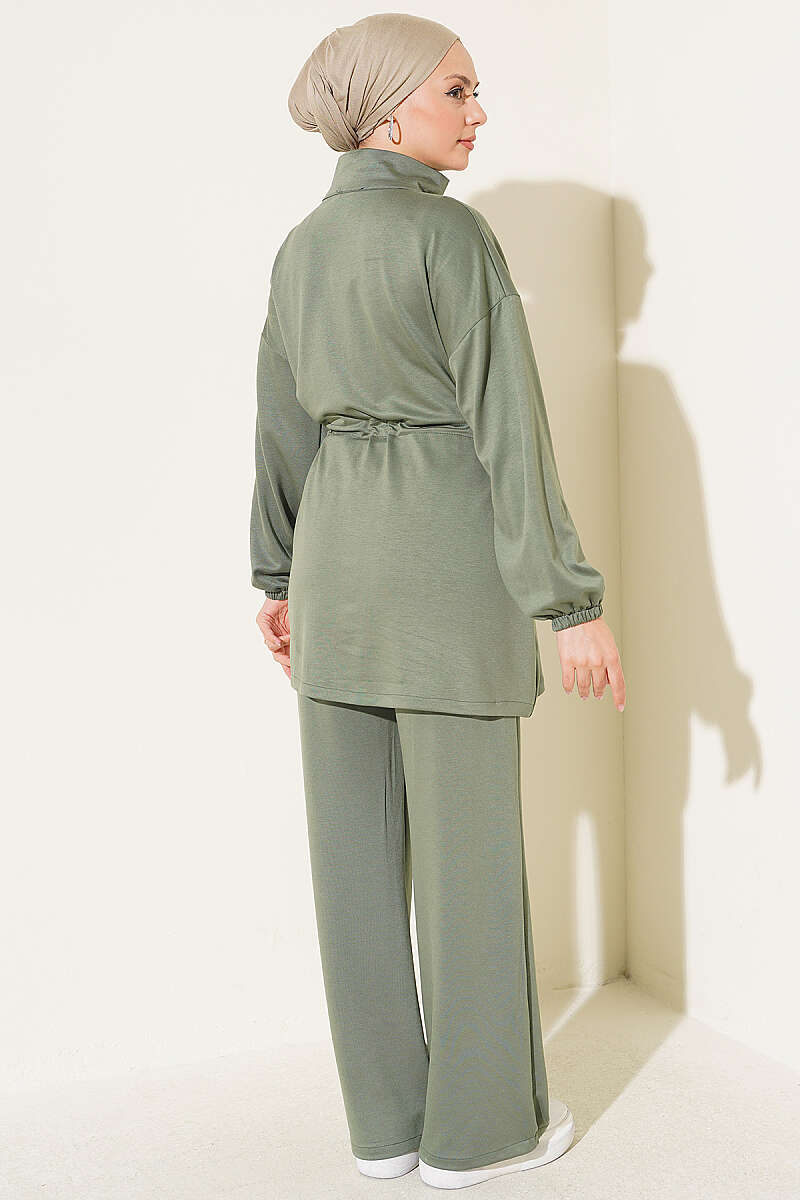 Two-Piece Set with Pocket Trim and Drawstring Waist - Khaki