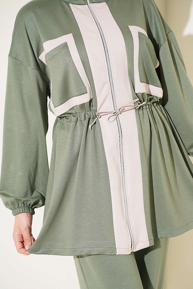 Two-Piece Set with Pocket Trim and Drawstring Waist - Khaki