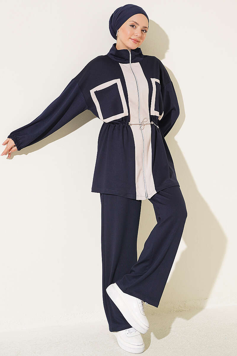 Two-Piece Set with Pocket Trim and Drawstring Waist - Navy