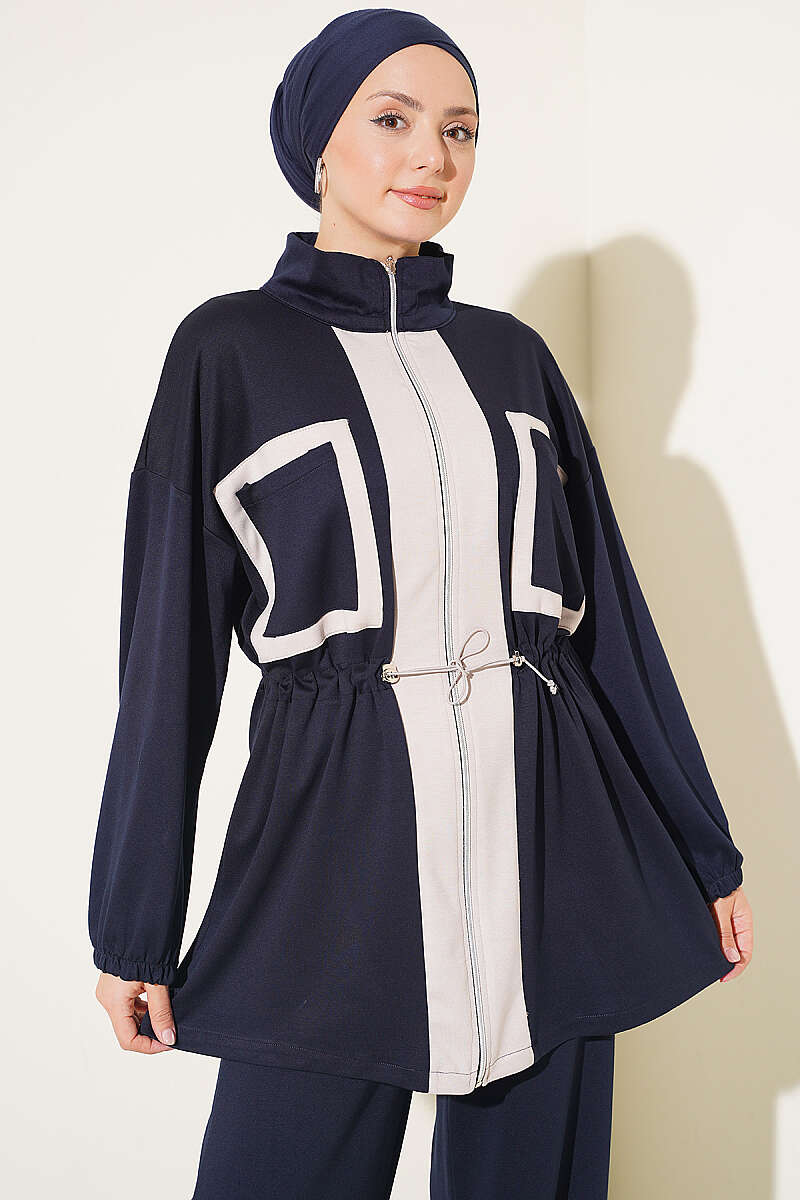 Two-Piece Set with Pocket Trim and Drawstring Waist - Navy