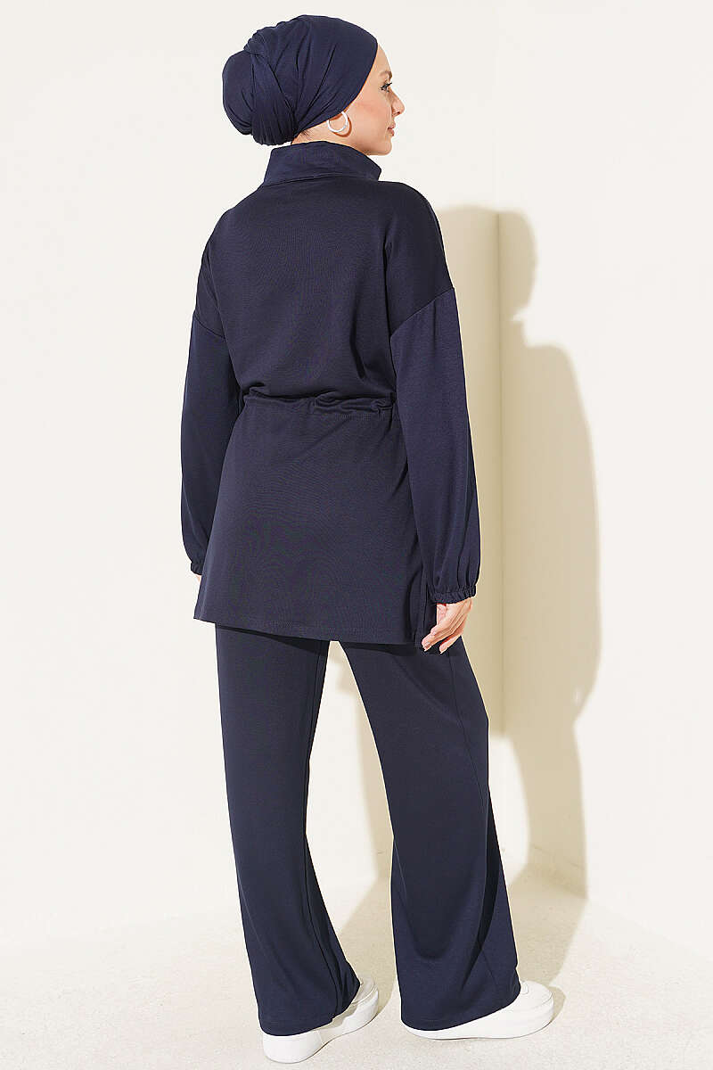 Two-Piece Set with Pocket Trim and Drawstring Waist - Navy