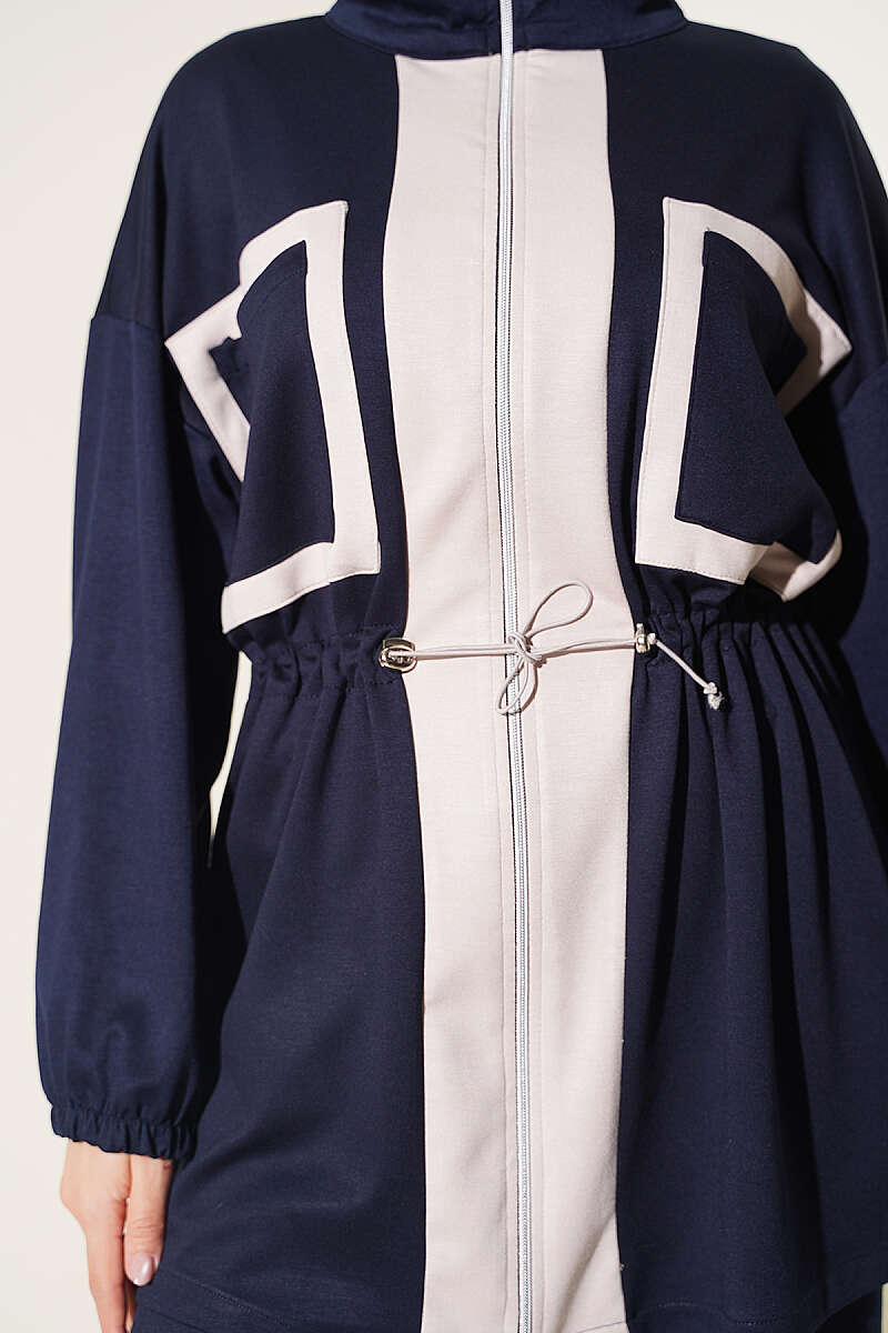 Two-Piece Set with Pocket Trim and Drawstring Waist - Navy