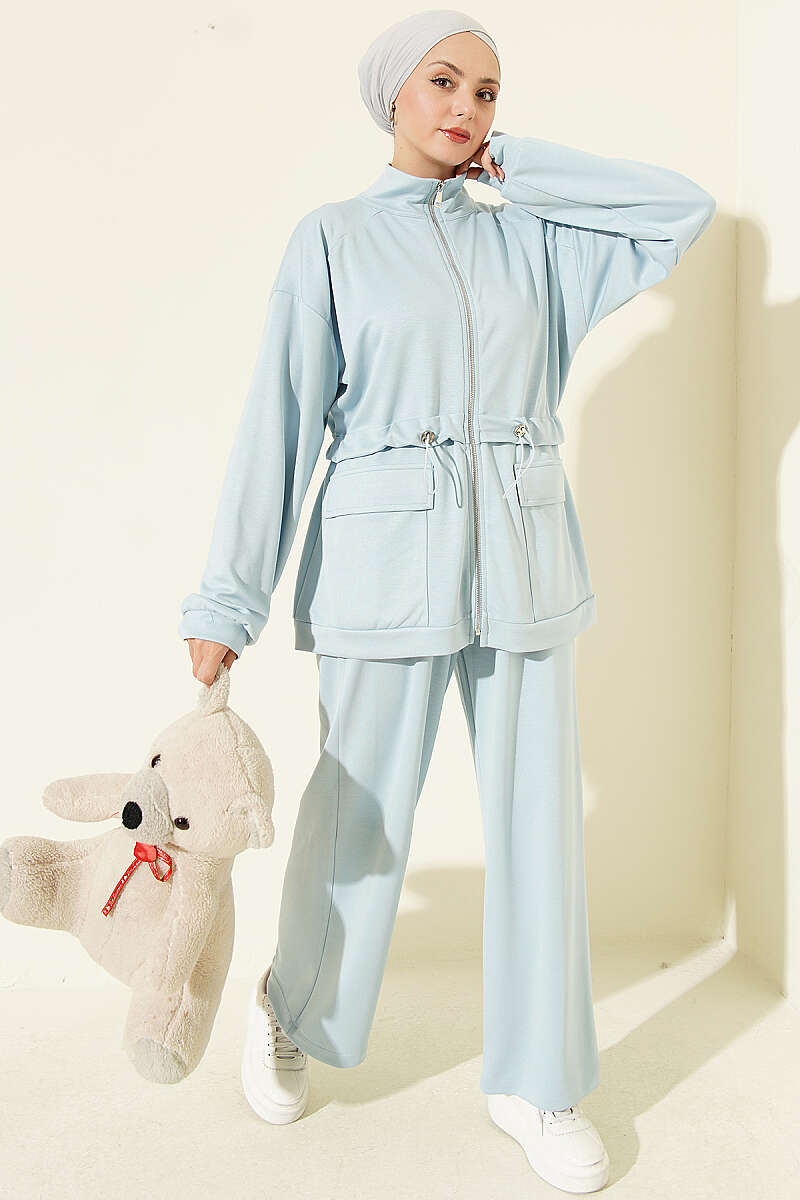 Two-Piece Set with Flap Pockets and Drawstring Waist - Light Blue