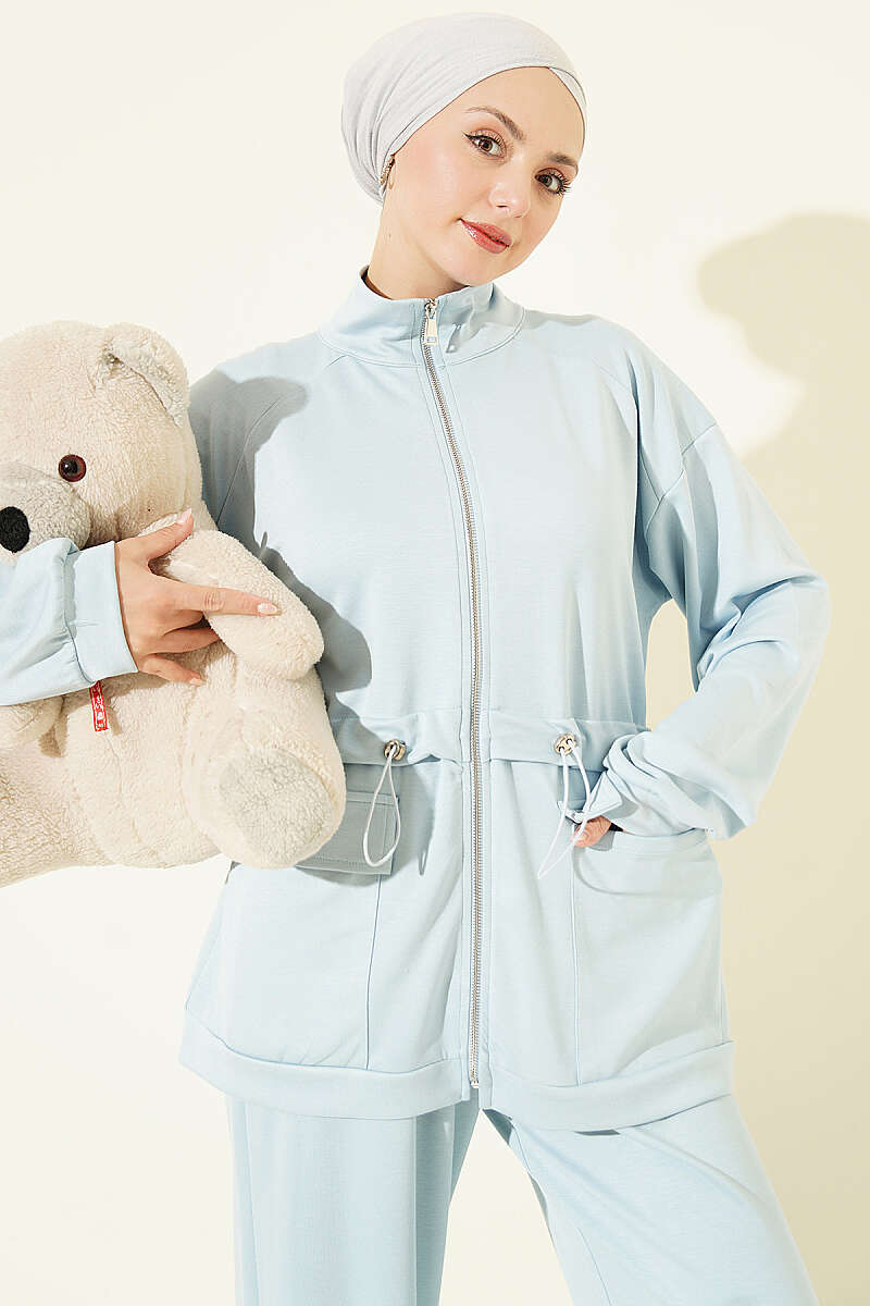 Two-Piece Set with Flap Pockets and Drawstring Waist - Light Blue