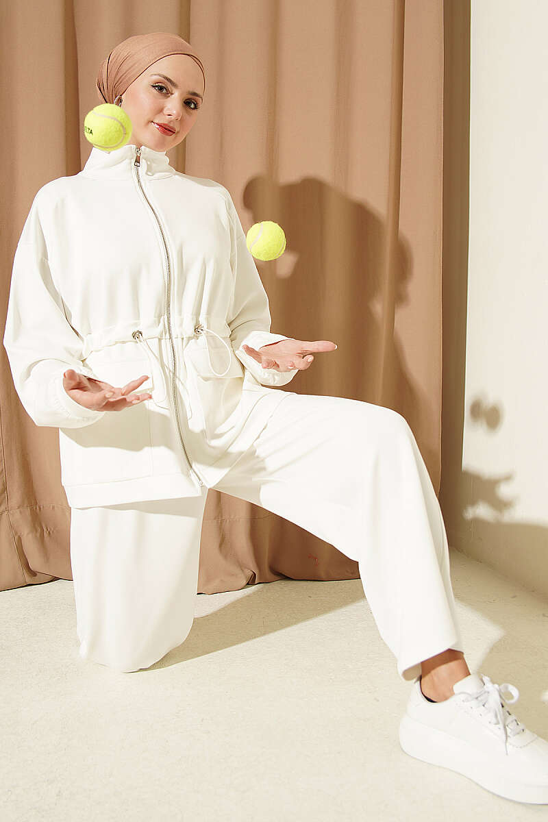 Two-Piece Set with Flap Pockets and Drawstring Waist - Ecru