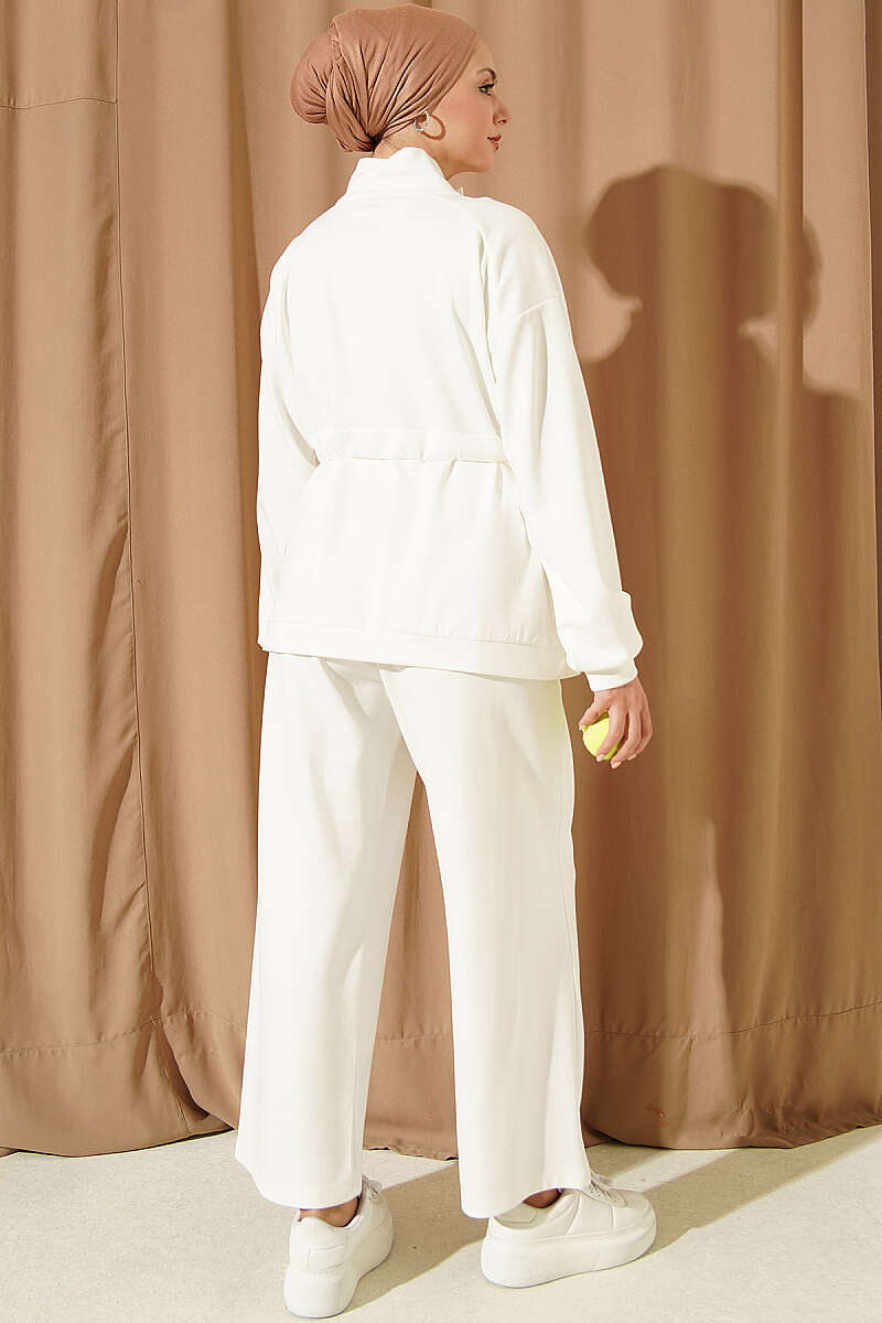 Two-Piece Set with Flap Pockets and Drawstring Waist - Ecru