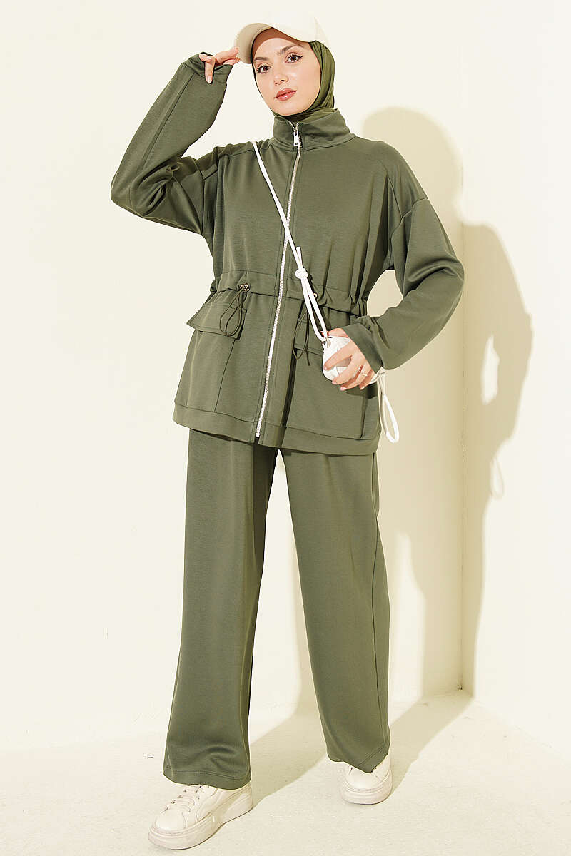 Two-Piece Set with Flap Pockets and Drawstring Waist - Khaki