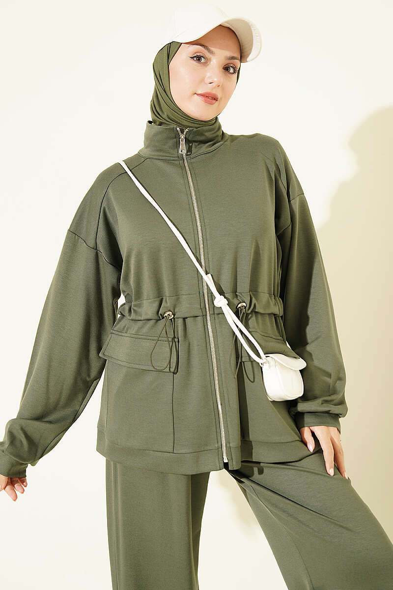 Two-Piece Set with Flap Pockets and Drawstring Waist - Khaki