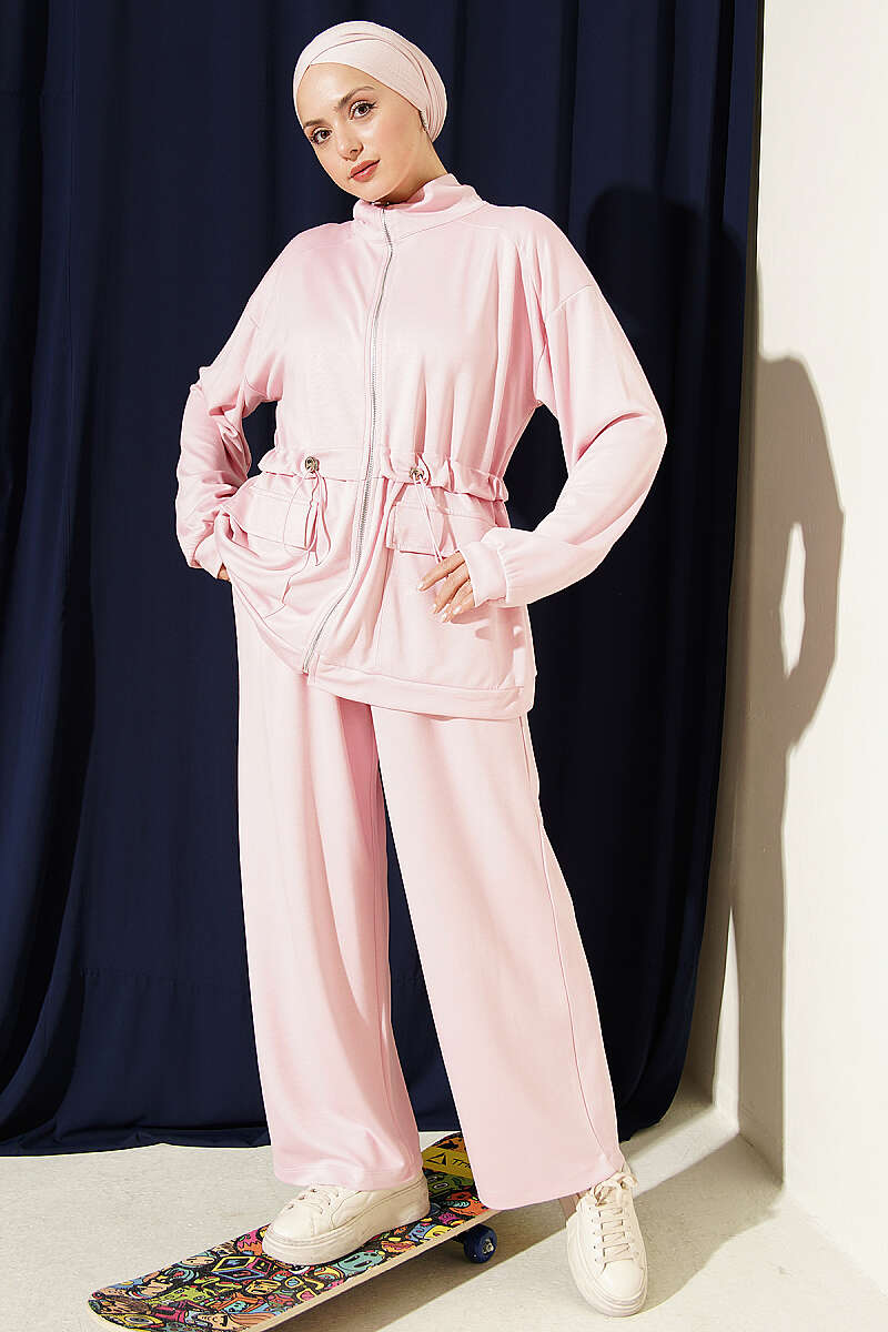 Two-Piece Set with Flap Pockets and Drawstring Waist - Pink
