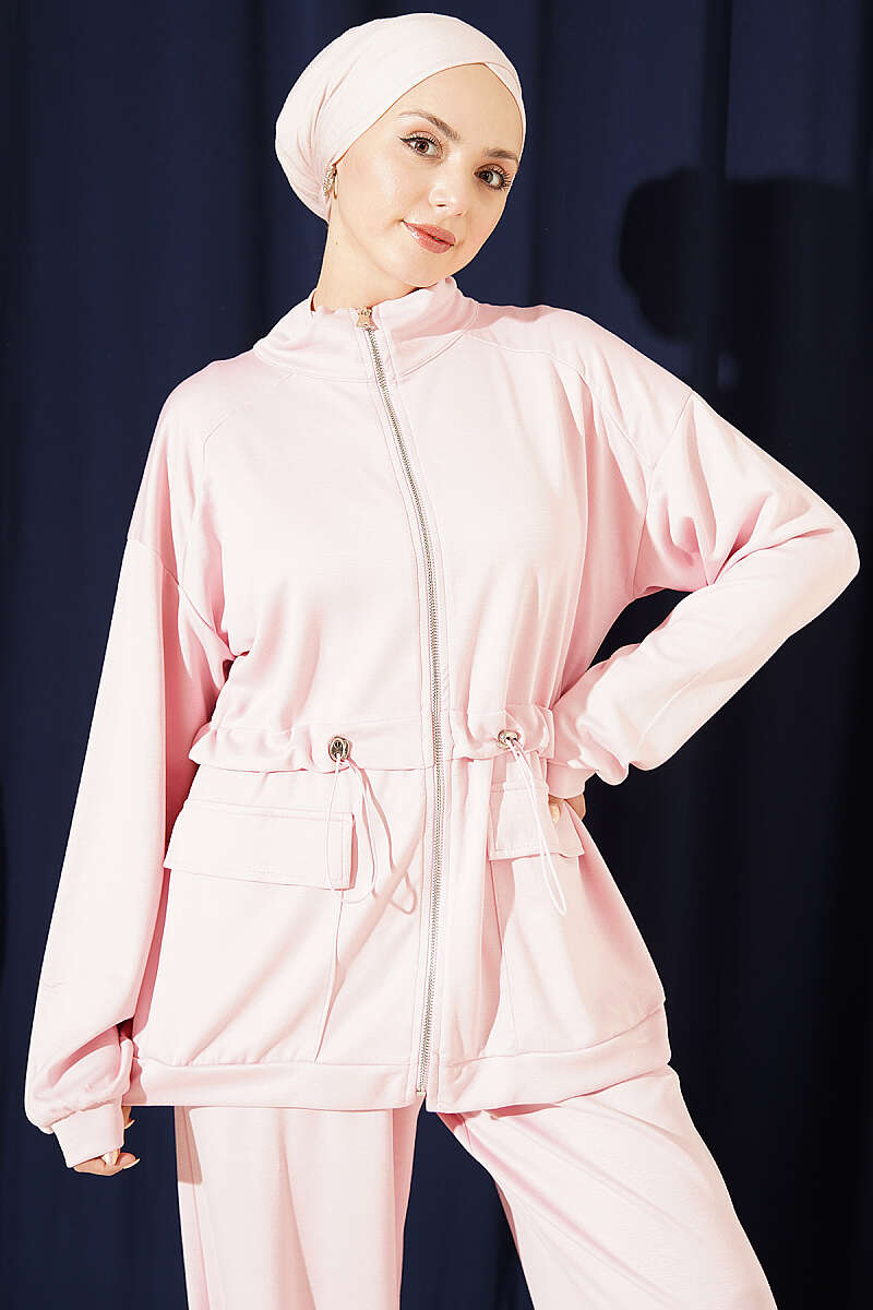 Two-Piece Set with Flap Pockets and Drawstring Waist - Pink
