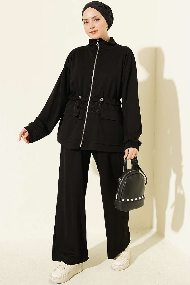 Two-Piece Set with Flap Pockets and Drawstring Waist - Black