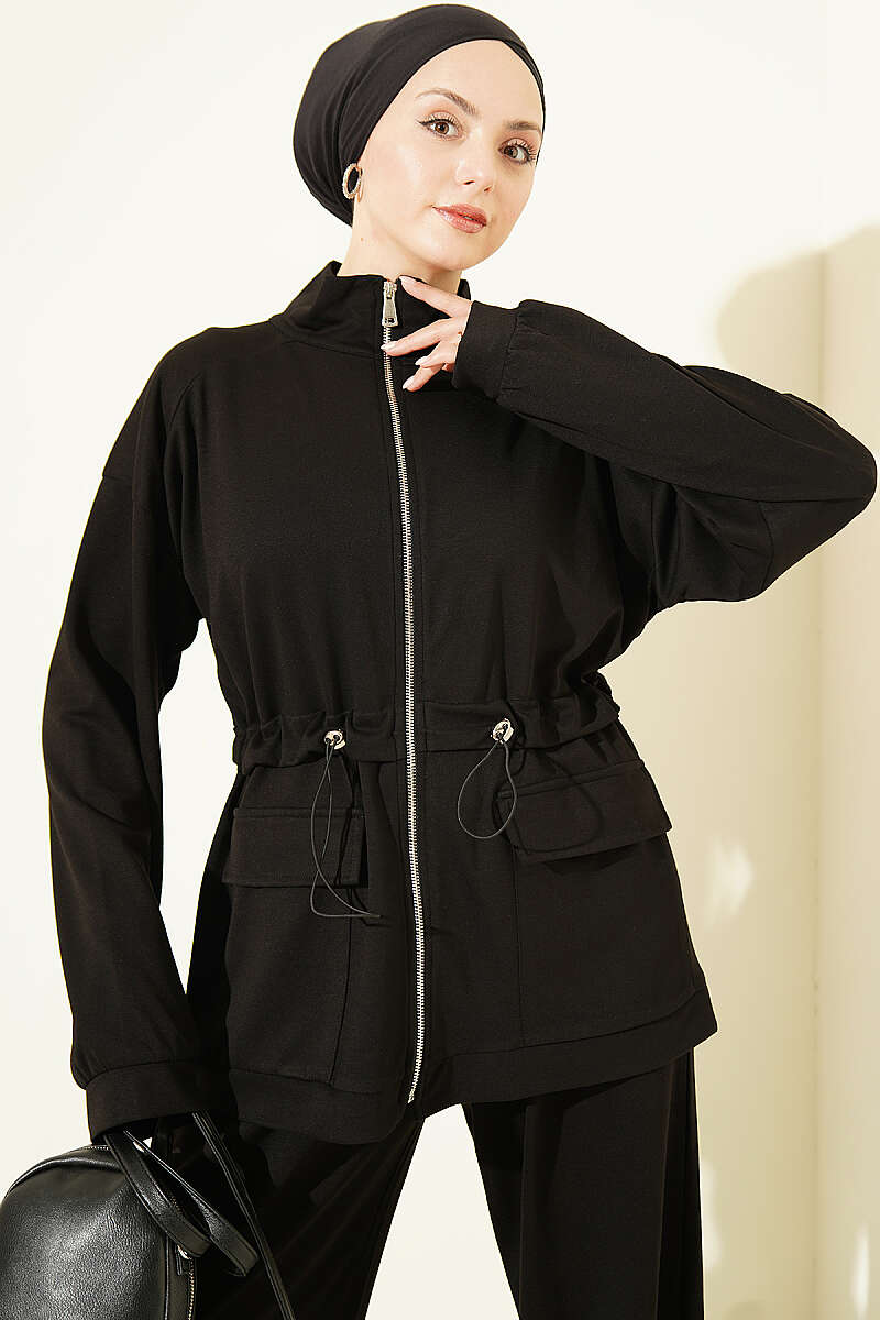 Two-Piece Set with Flap Pockets and Drawstring Waist - Black