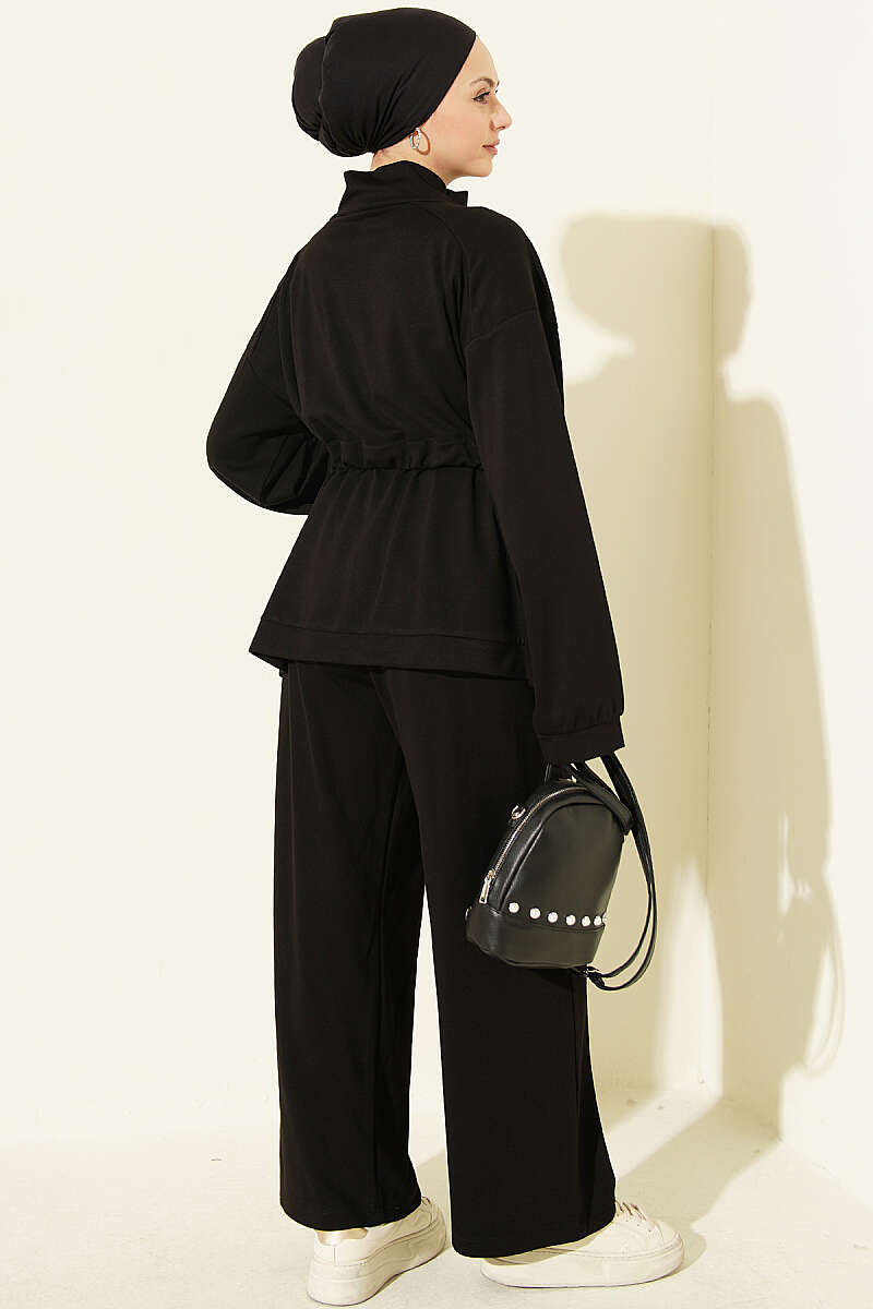 Two-Piece Set with Flap Pockets and Drawstring Waist - Black