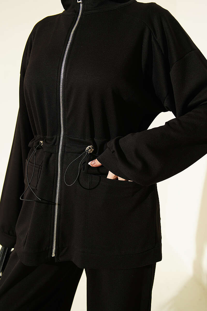 Two-Piece Set with Flap Pockets and Drawstring Waist - Black