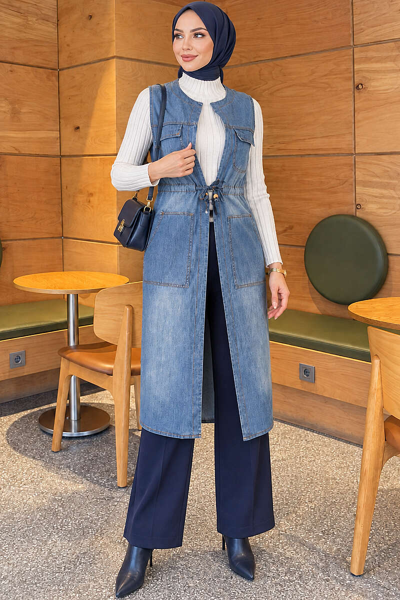 Denim Vest with Pockets and Drawstring Waist - Light Blue