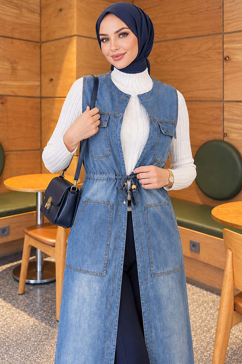 Denim Vest with Pockets and Drawstring Waist - Light Blue