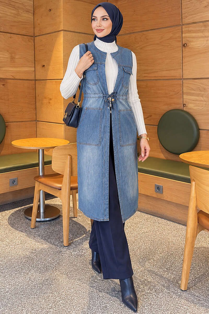 Denim Vest with Pockets and Drawstring Waist - Light Blue