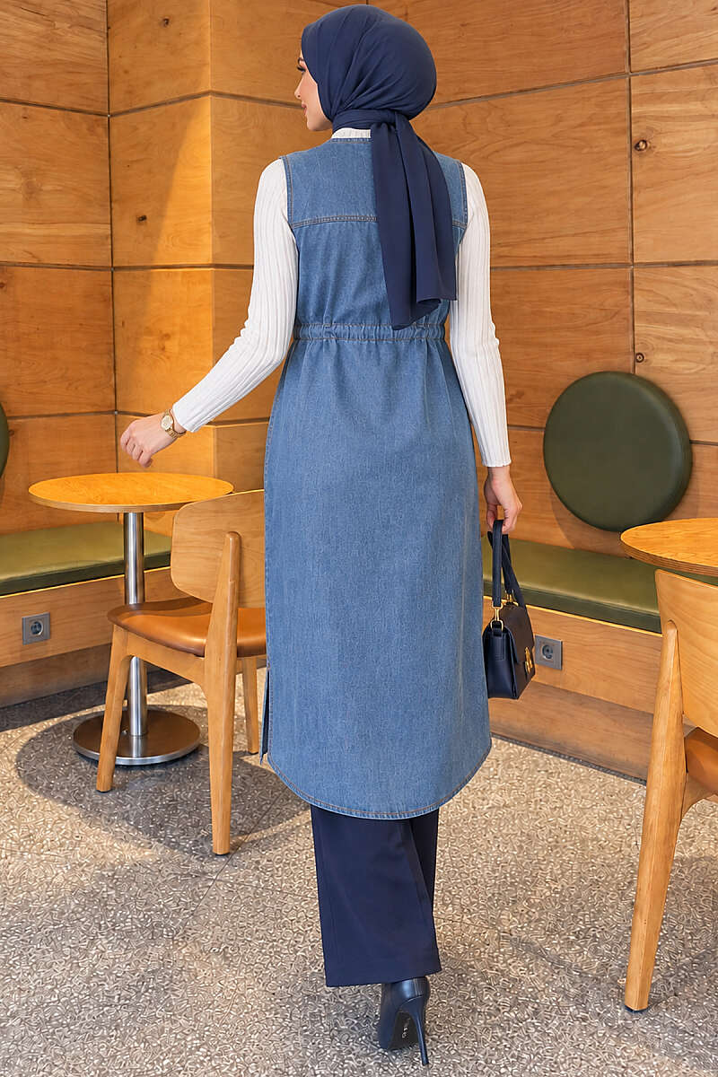 Denim Vest with Pockets and Drawstring Waist - Light Blue