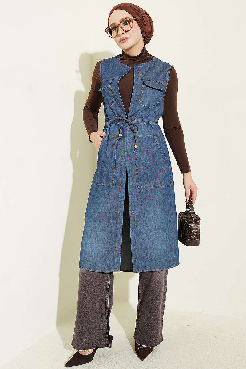 Denim Vest with Pockets and Drawstring Waist - Blue