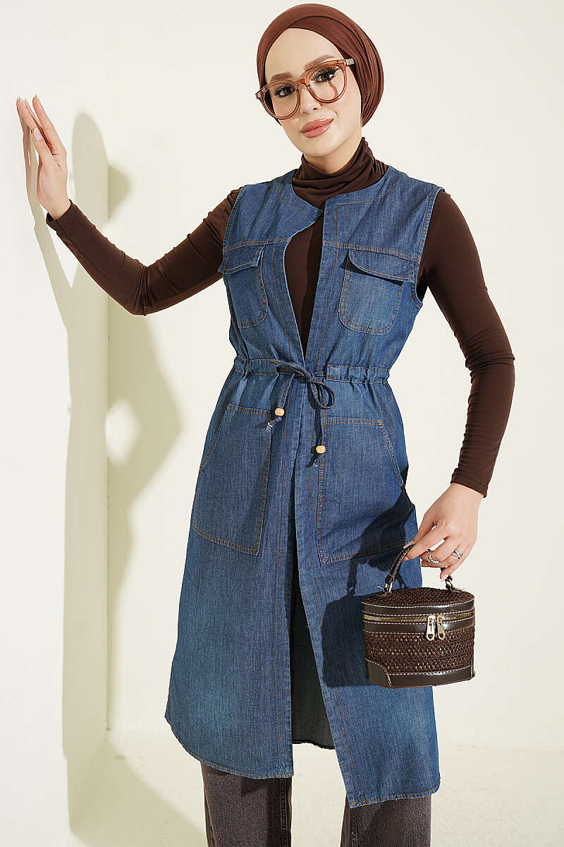 Denim Vest with Pockets and Drawstring Waist - Blue