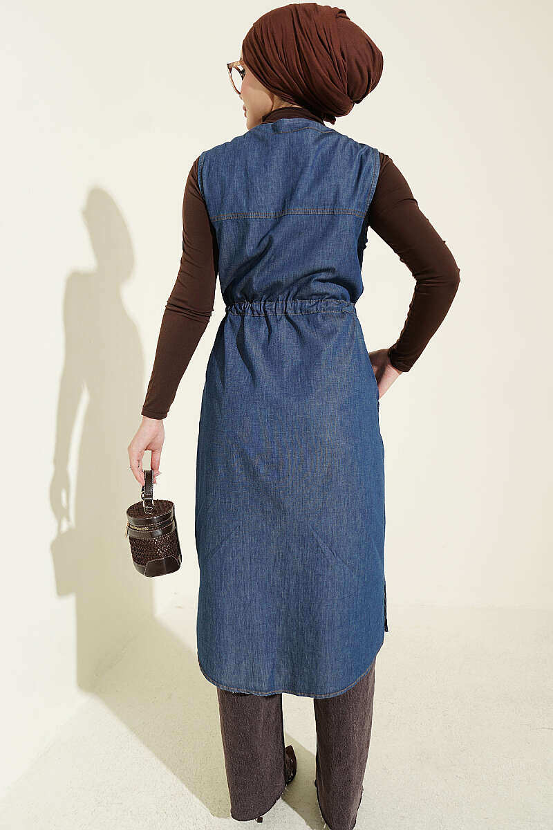 Denim Vest with Pockets and Drawstring Waist - Blue