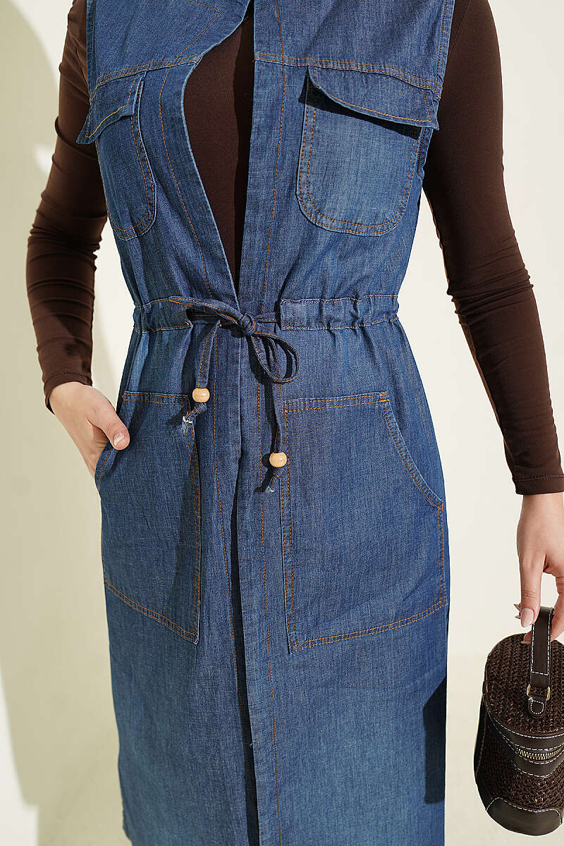 Denim Vest with Pockets and Drawstring Waist - Blue