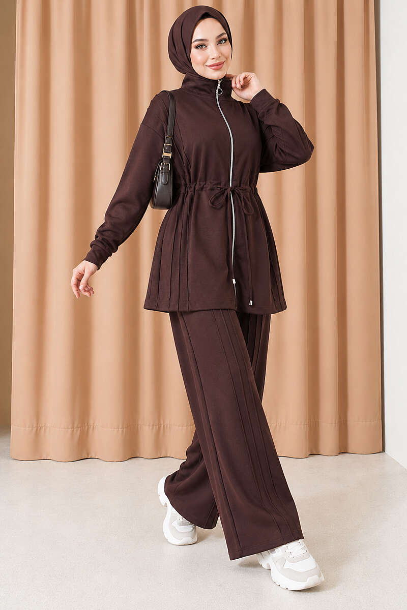 Topstitched Two-Piece Set with Drawstring Waist - Dark Brown