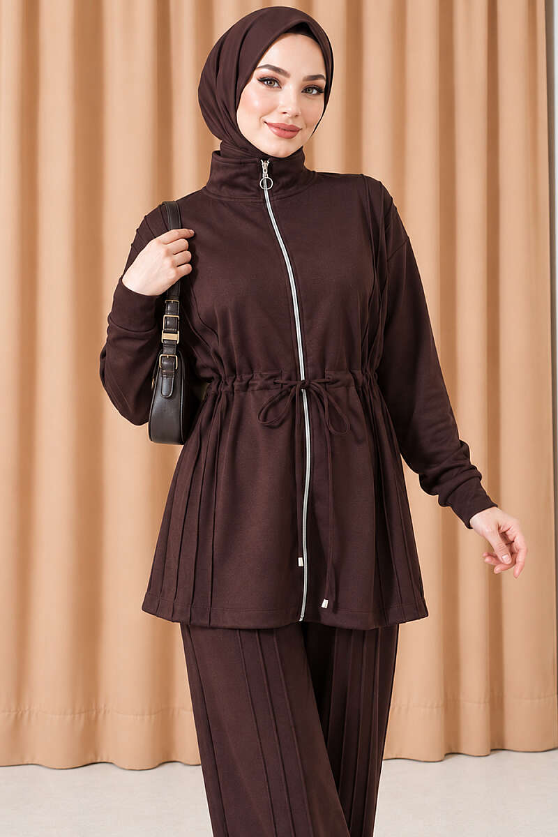 Topstitched Two-Piece Set with Drawstring Waist - Dark Brown