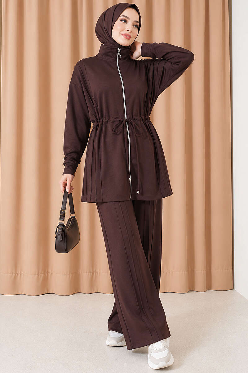 Topstitched Two-Piece Set with Drawstring Waist - Dark Brown