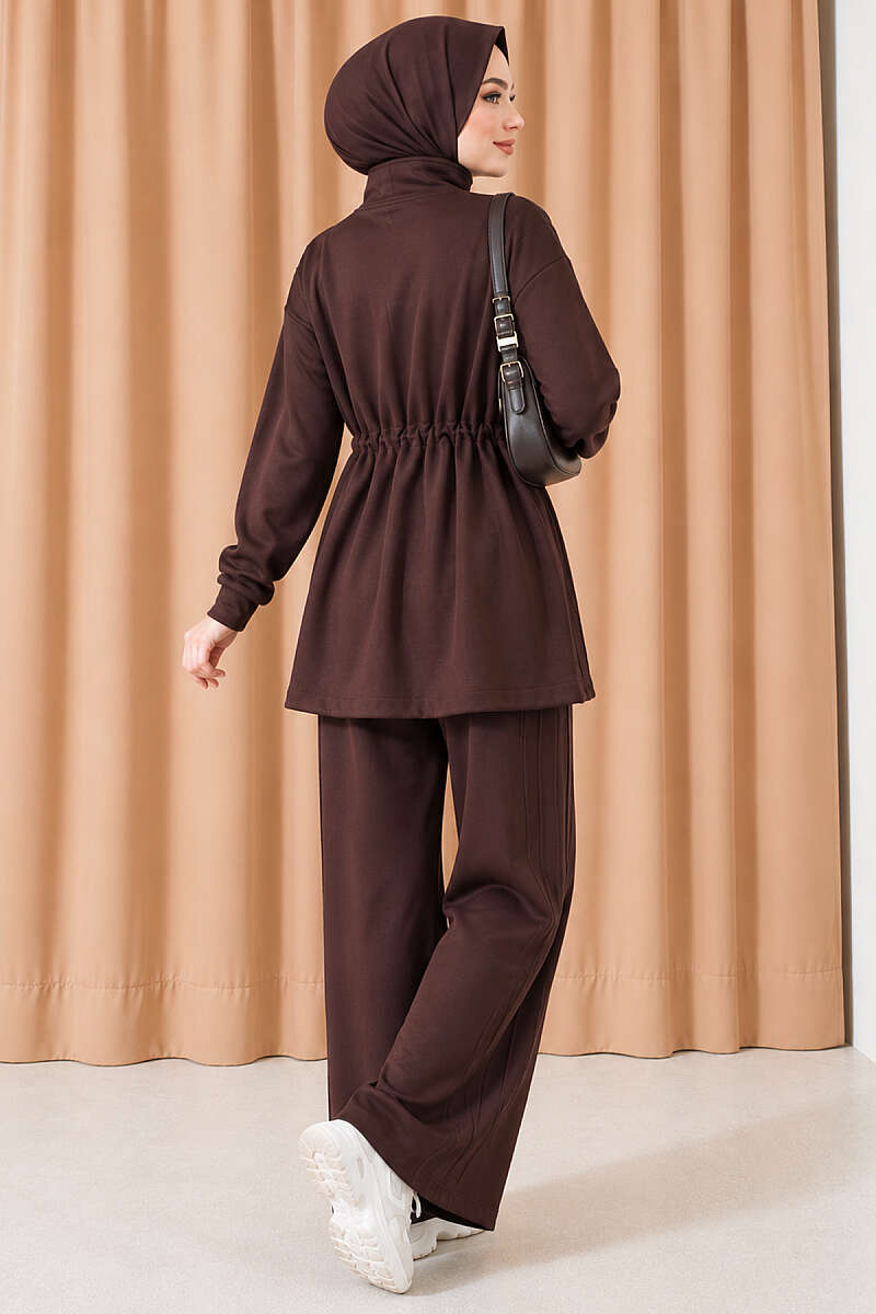 Topstitched Two-Piece Set with Drawstring Waist - Dark Brown
