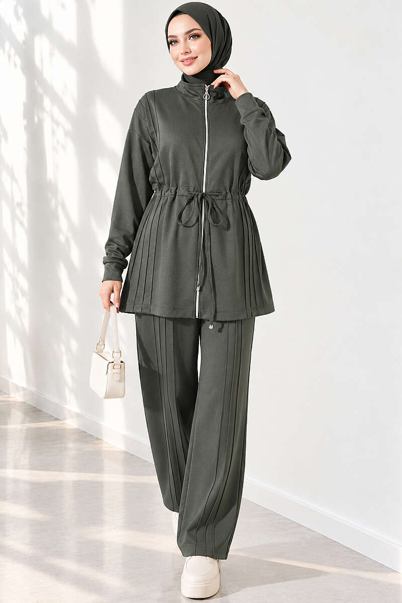 Topstitched Two-Piece Set with Drawstring Waist - Khaki