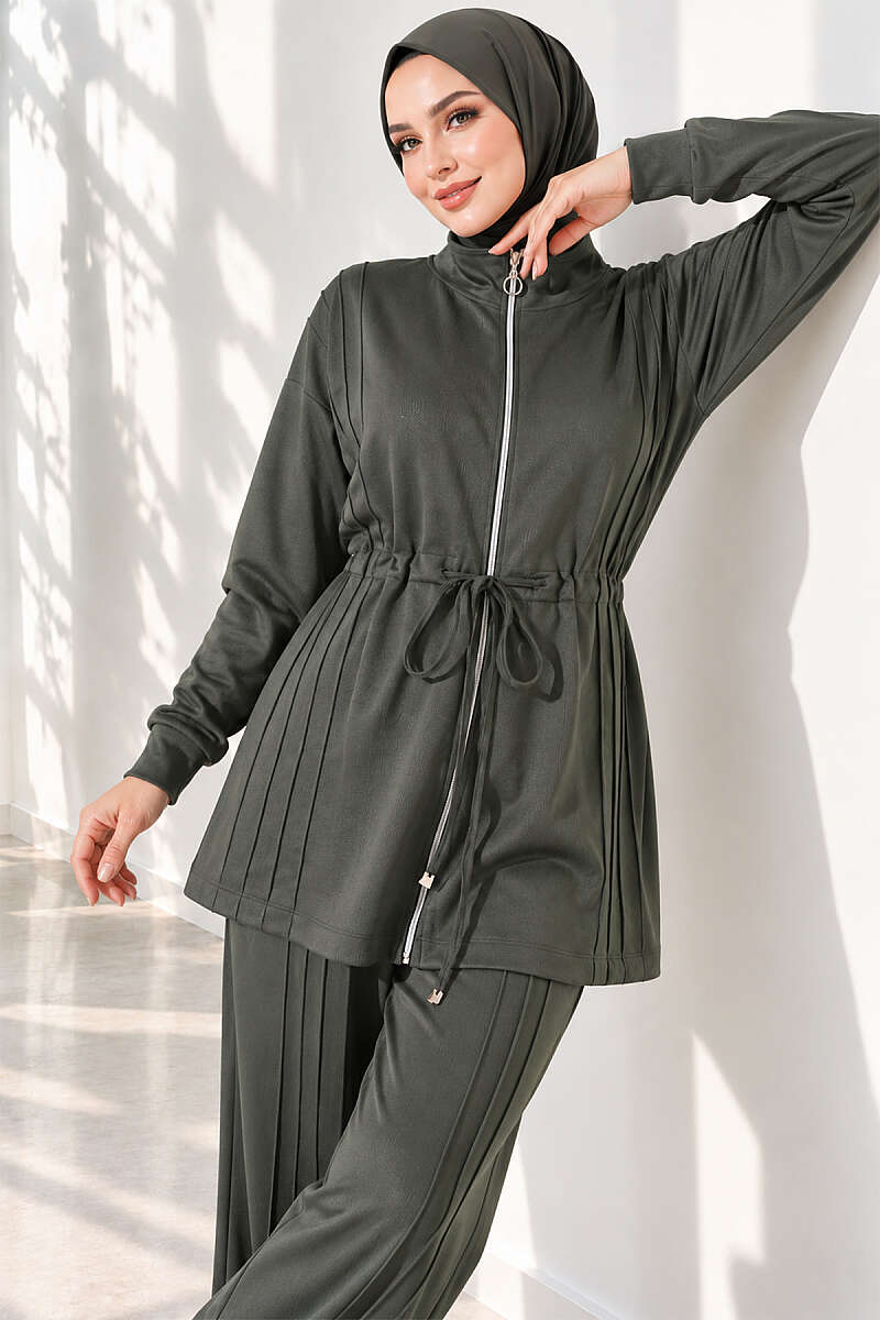 Topstitched Two-Piece Set with Drawstring Waist - Khaki
